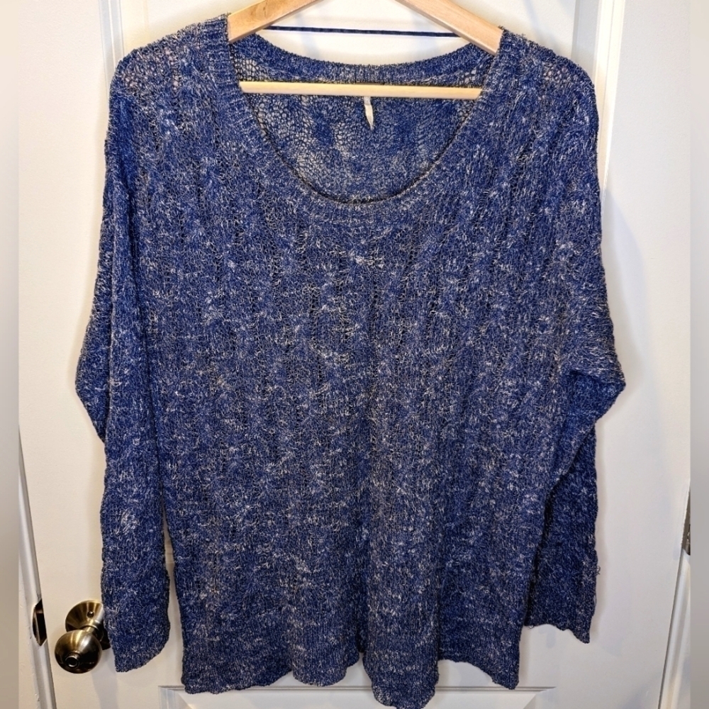 FREE People sweater heathered navy blue scoop neck open knit size xs oversized